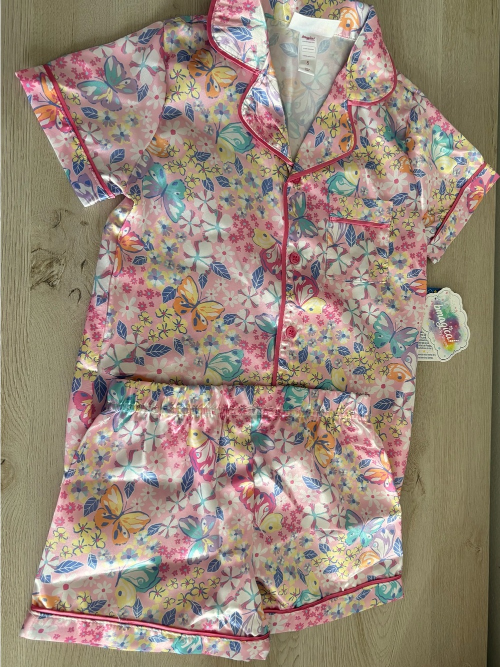 Girls Pink Butterfly Floral Satin Pajama Set